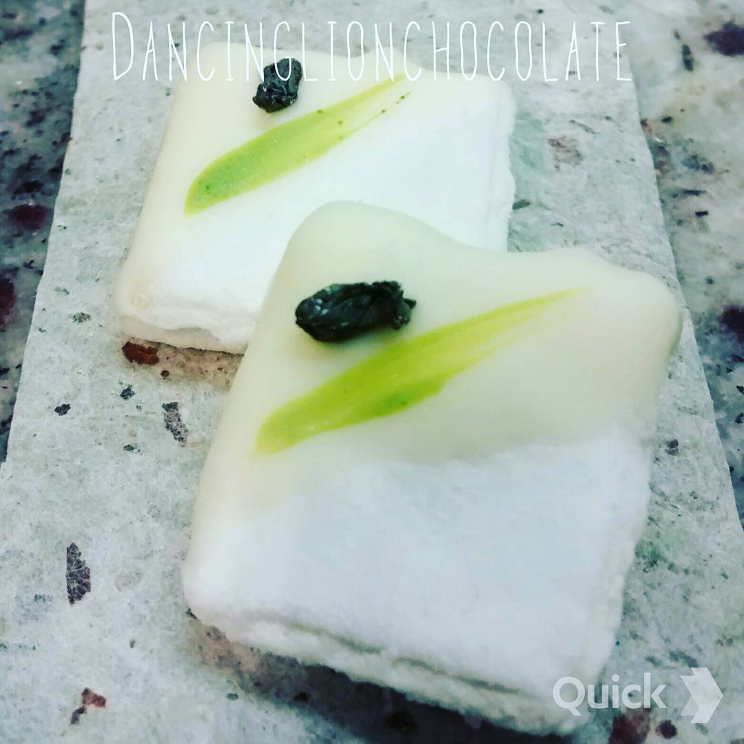 Green Tea Marshmallow - Matcha tea & ginger marshmallow dipped in @valrhonausa Ivoire white, finished w gunpowder tea