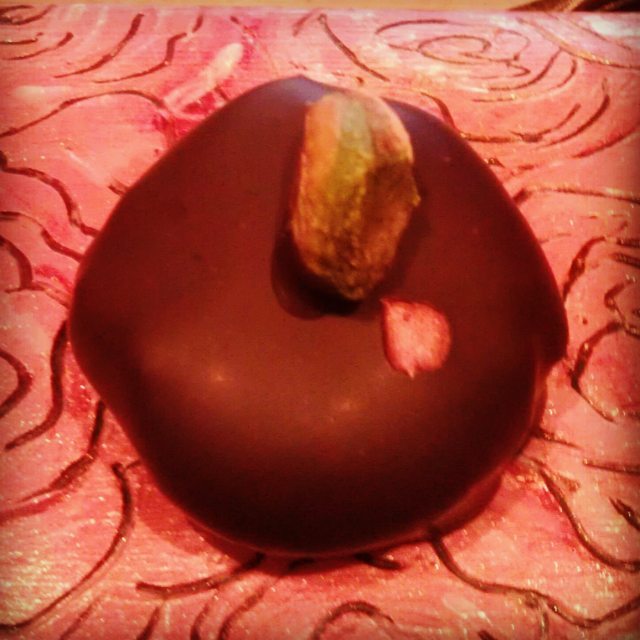 Rich - caramelized cacao pistachio praline in very dark chocolate