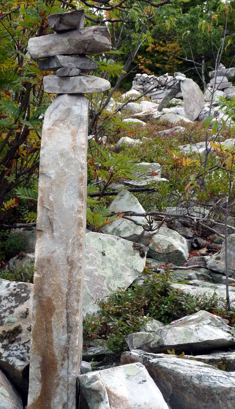 Sometimes the blazes are painted on rocks, and sometimes the trail is marked by stone cairns.