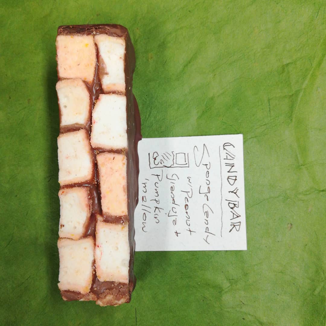 SIDEWALK ENDS (candy bar) - sponge candy, peanut Gianduja, pumpkin marshmallow. Addictive.#chocolatier #candybar #shelsilverstein