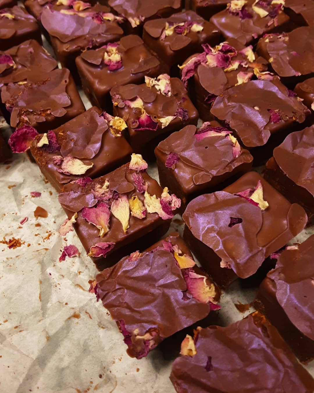 WAITING FOR BUTTERFLIES: hazelnut gianduja with marigold and rose petals, star anise and silk road spice dipped in malty milk chocolate (contains gluten)#chocolatier #butterflyconservatory #garden Impatient little feet in t-strap shoes dance along, gazing at flowers, while hoping for butterflies to land nearby.