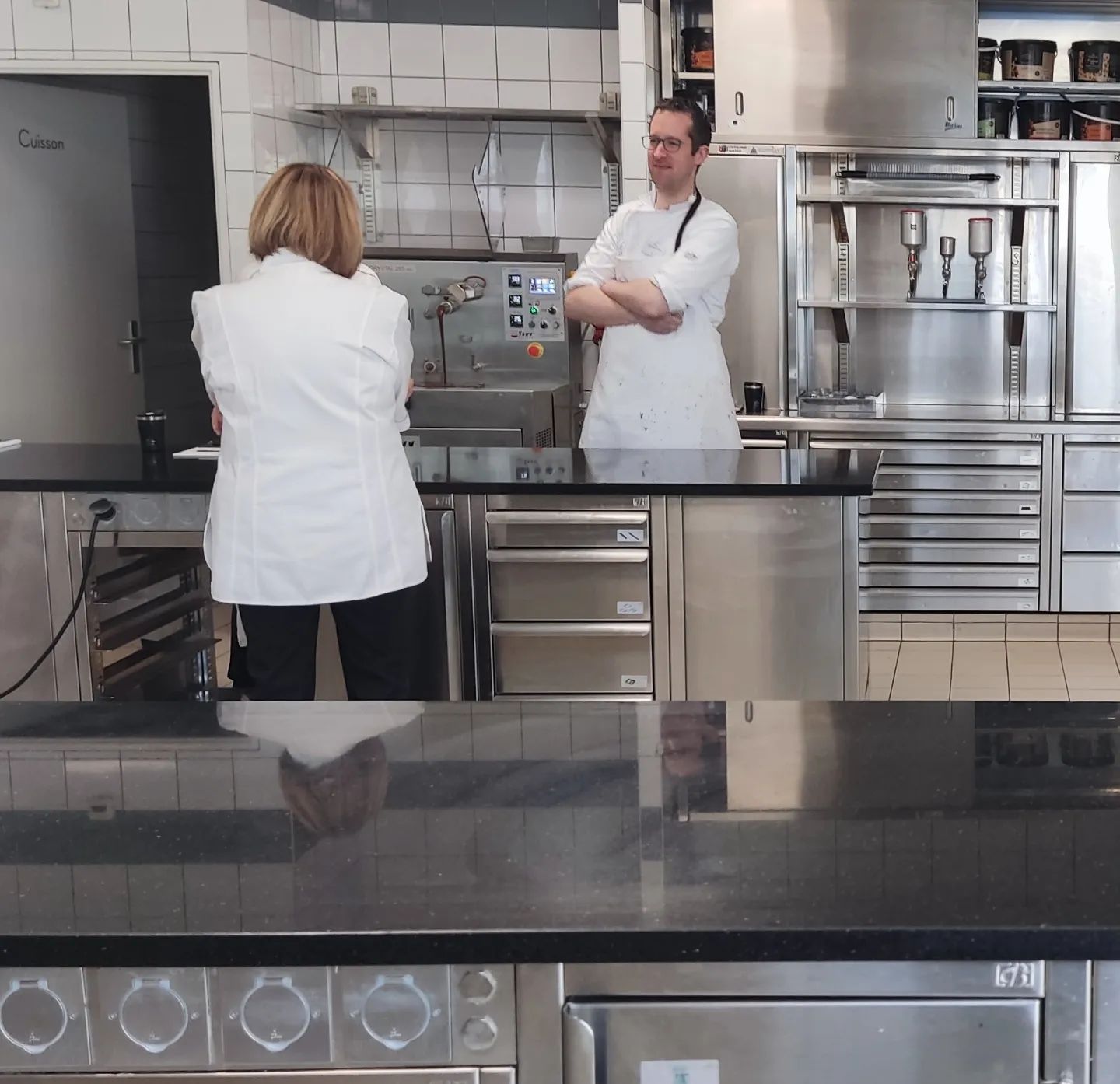 Clean chocolate laboratory: Wrapping up after a long day at L'Ecole Valrhona in Tain l'Hermitage. Over three days, the students are exposed to many typical artisan techniques.Everyone's pretty exhausted.#chocolatier @ecolechocolat